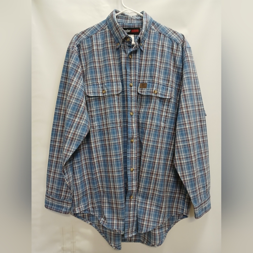 Wrangler Mens Riggs Workwear Long Sleeve Shirt XL/XG/TG Blue Brown/White Plaid